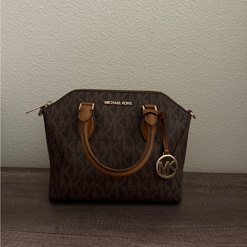 Michael Kors Dark Brown Satchel with Tan Accents